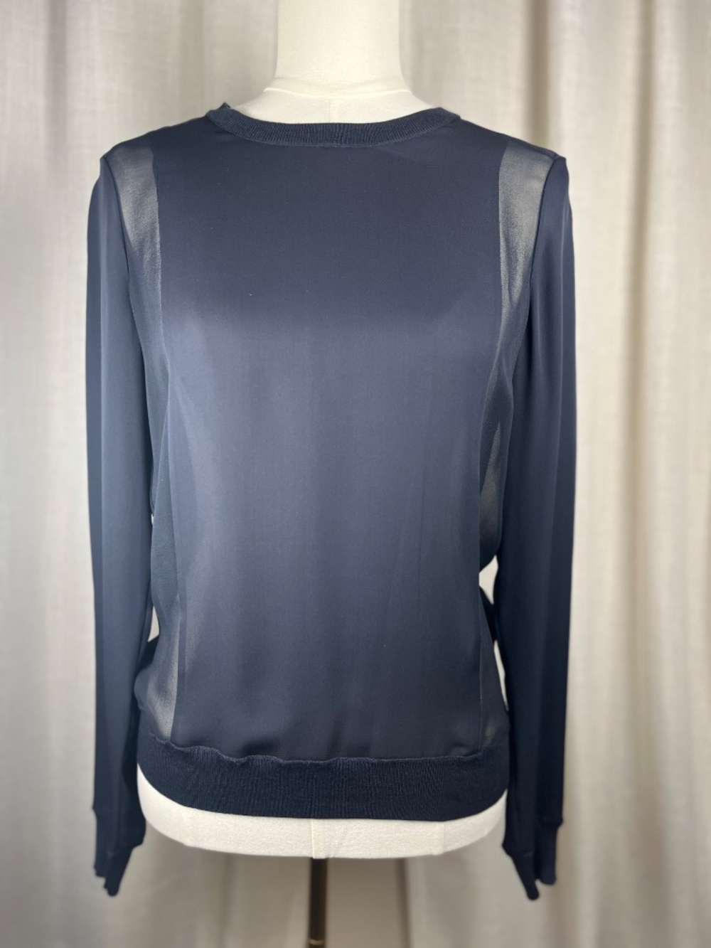 Vince Women's Navy Silk  Long-Sleeve Sheer Panel Top XS NWT